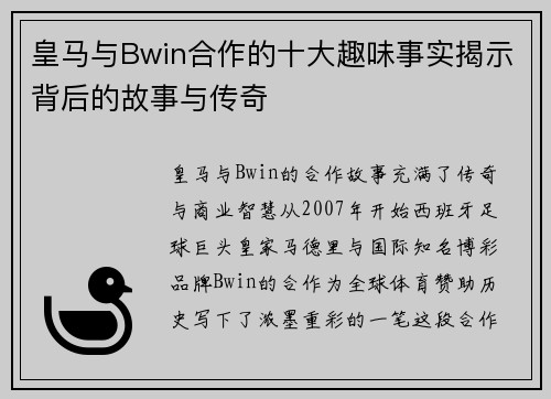 皇马与Bwin合作的十大趣味事实揭示背后的故事与传奇