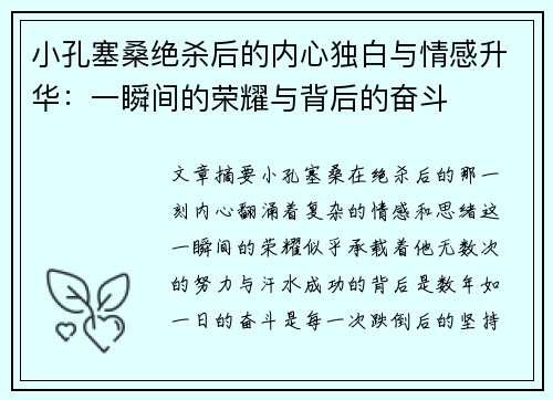 小孔塞桑绝杀后的内心独白与情感升华：一瞬间的荣耀与背后的奋斗