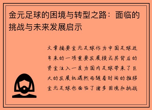 金元足球的困境与转型之路：面临的挑战与未来发展启示